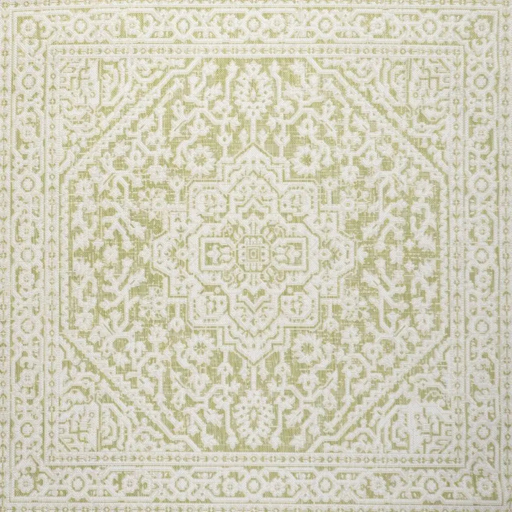 5' Green And Cream Square Medallion Indoor Outdoor Area Rug Homeroots Outdoor
