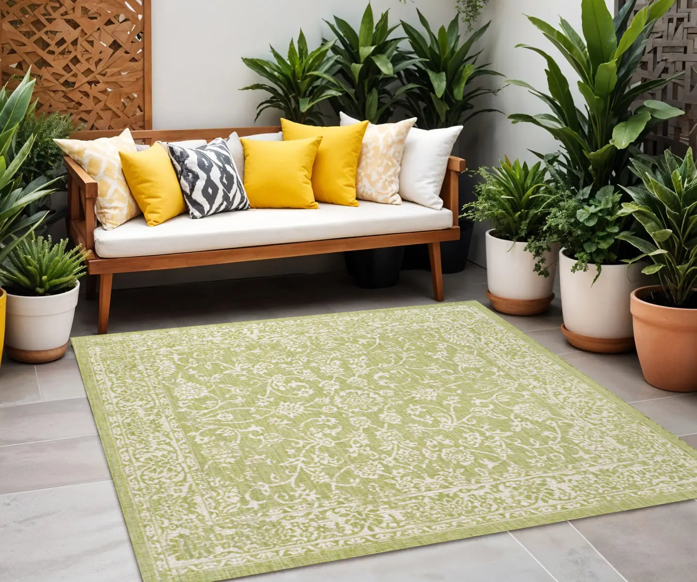 5' Green And Cream Square Medallion Indoor Outdoor Area Rug Homeroots Outdoor