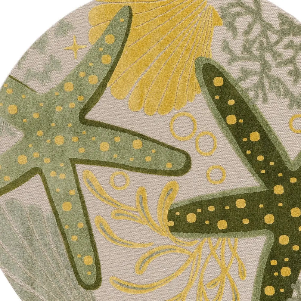 5' Green Yellow Ivory And Dark Green Round Starfish Indoor Outdoor Area Rug Homeroots Outdoor