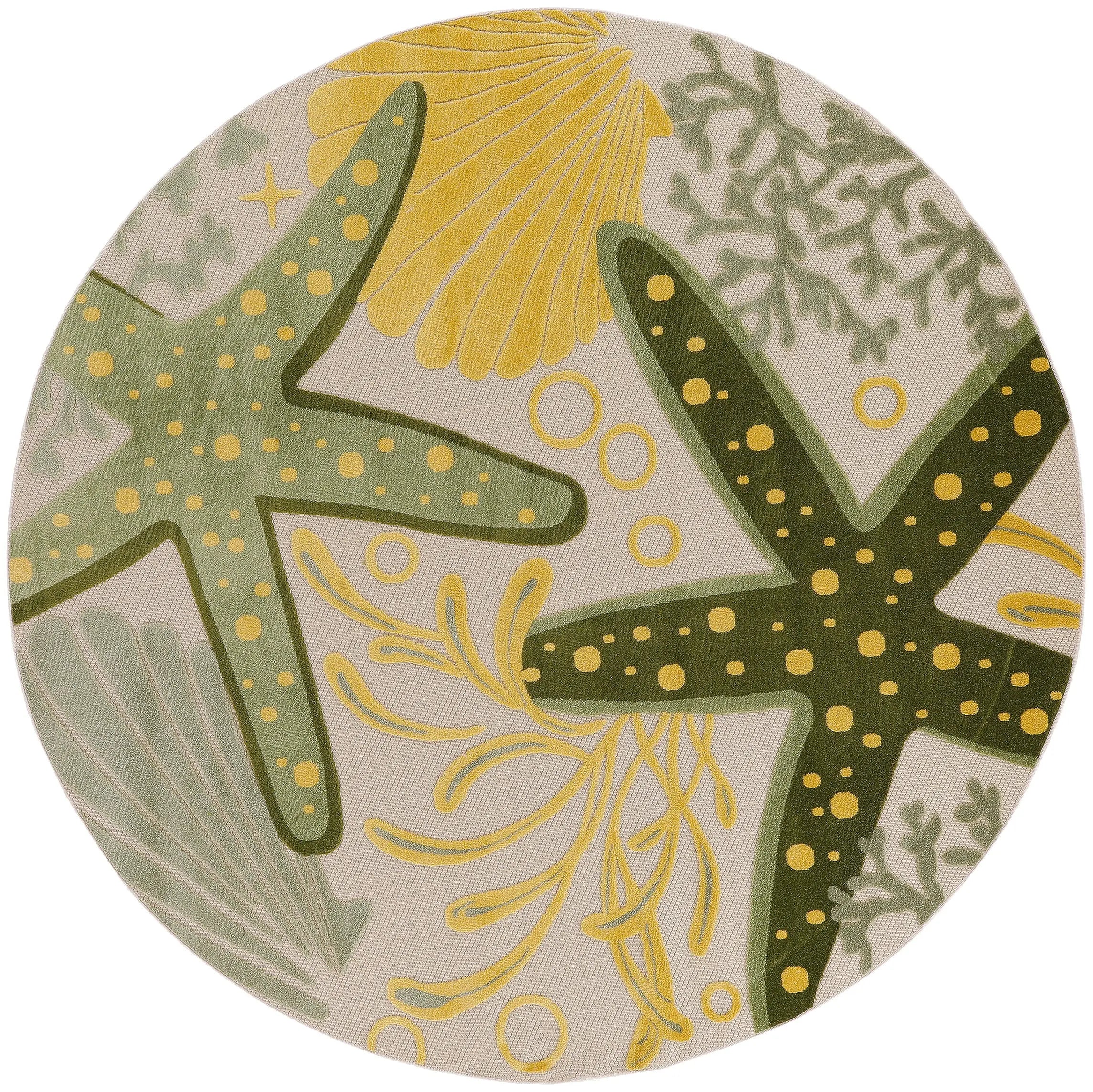 5' Green Yellow Ivory And Dark Green Round Starfish Indoor Outdoor Area Rug Homeroots Outdoor