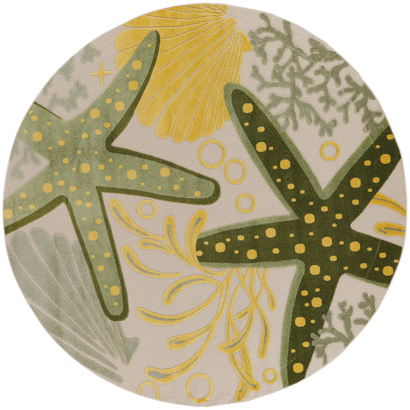5' Green Yellow Ivory And Dark Green Round Starfish Indoor Outdoor Area Rug Homeroots Outdoor