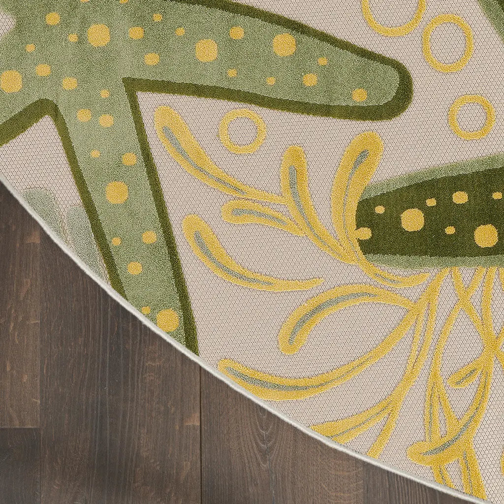 5' Green Yellow Ivory And Dark Green Round Starfish Indoor Outdoor Area Rug Homeroots Outdoor