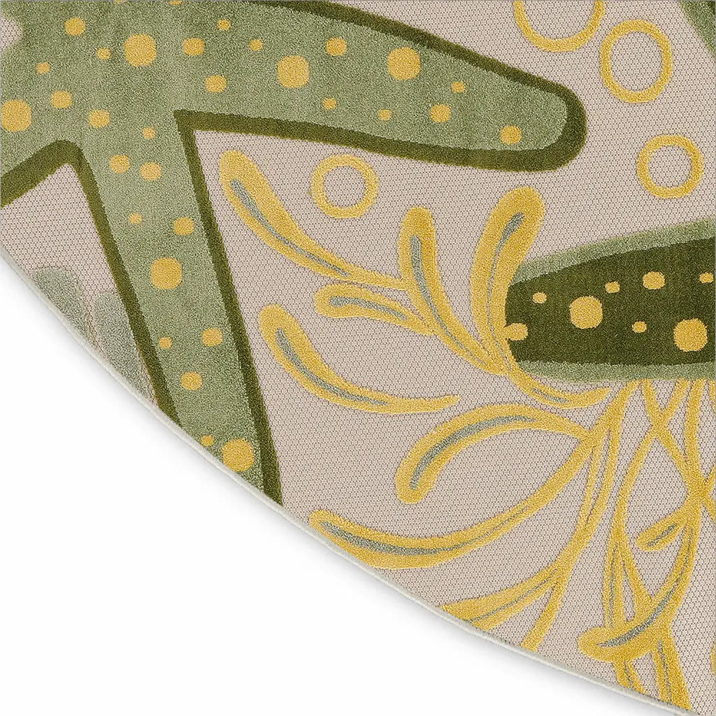5' Green Yellow Ivory And Dark Green Round Starfish Indoor Outdoor Area Rug Homeroots Outdoor