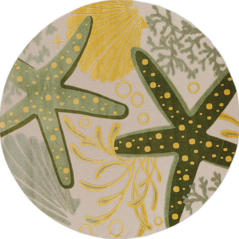 5' Green Yellow Ivory And Dark Green Round Starfish Indoor Outdoor Area Rug Homeroots Outdoor