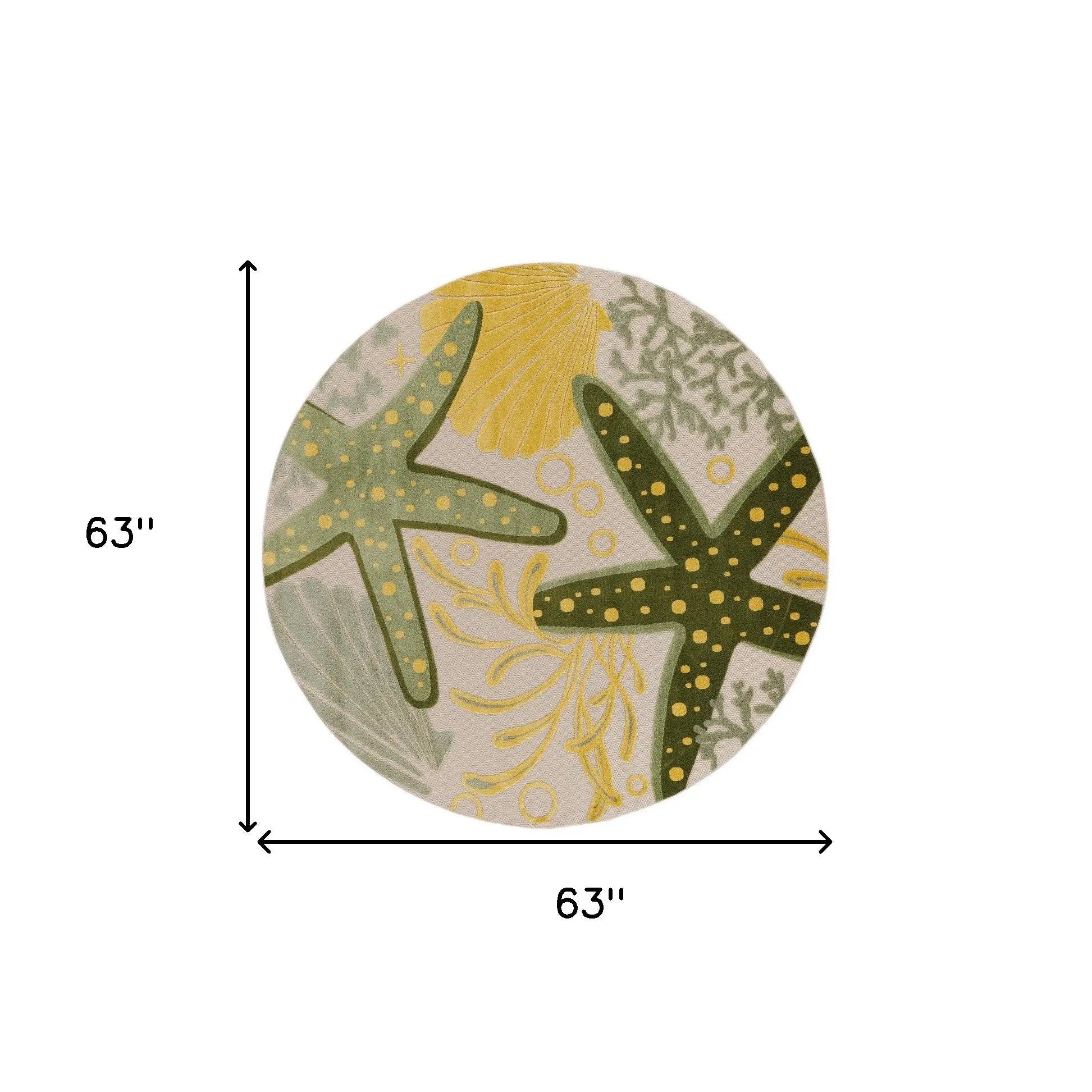 5' Green Yellow Ivory And Dark Green Round Starfish Indoor Outdoor Area Rug Homeroots Outdoor