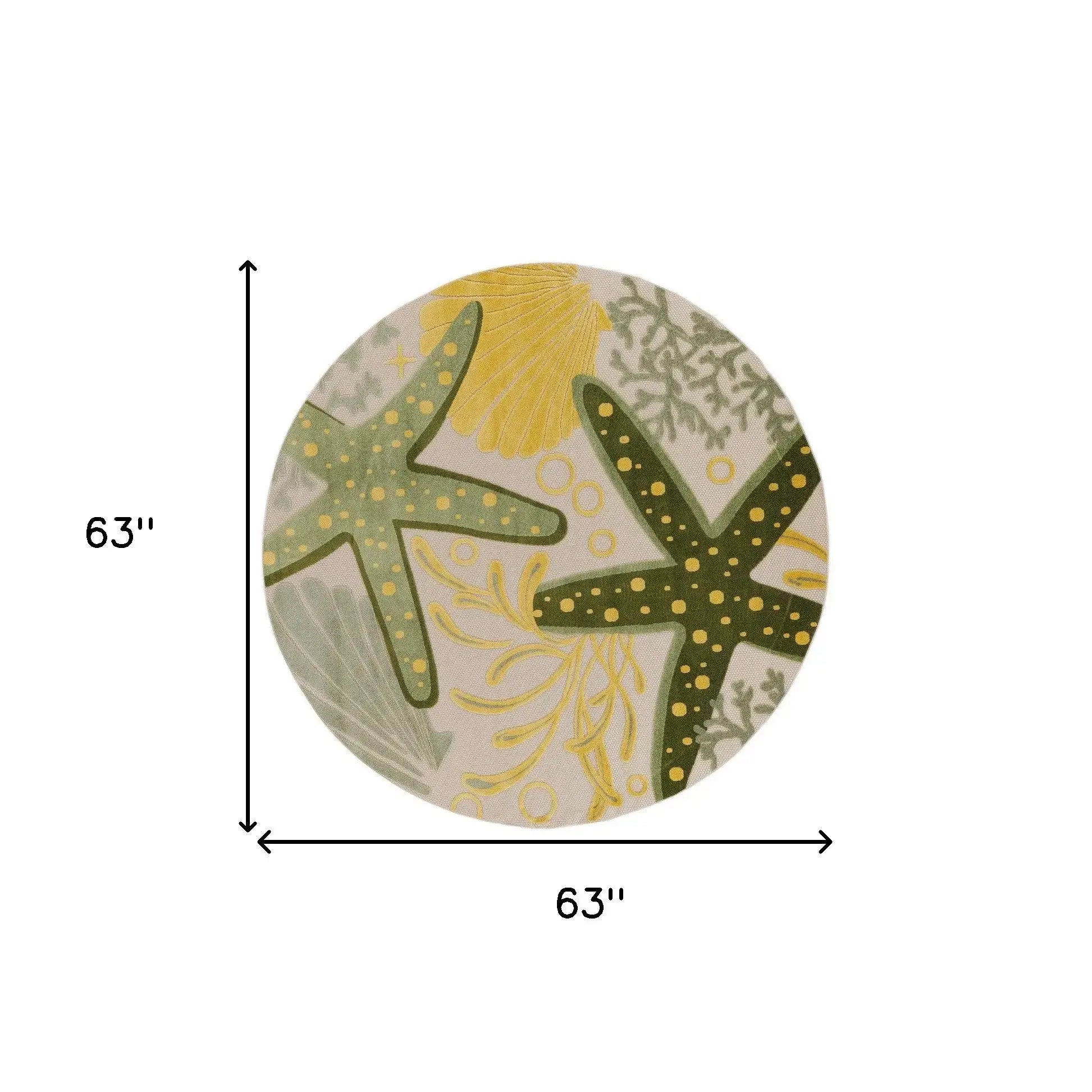 5' Green Yellow Ivory And Dark Green Round Starfish Indoor Outdoor Area Rug Homeroots Outdoor