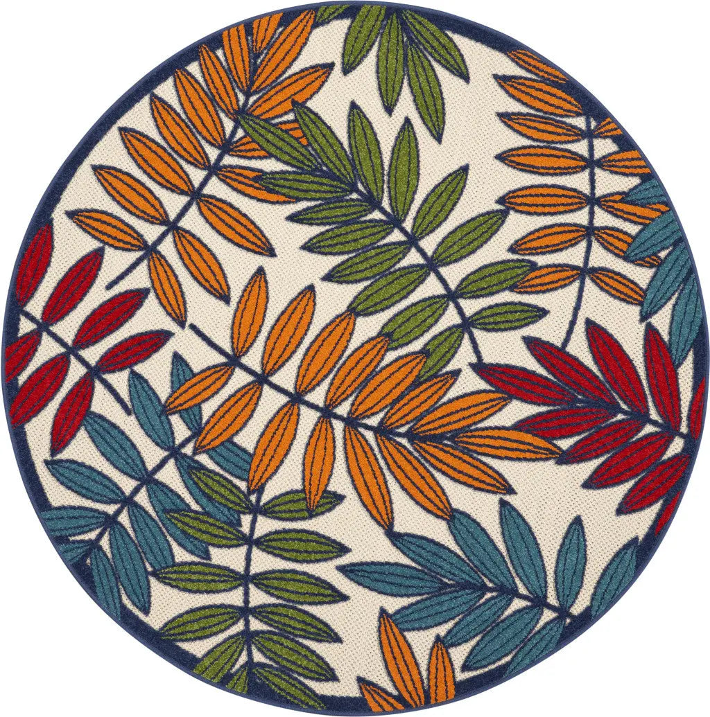 5' Ivory And Blue Round Floral Indoor Outdoor Area Rug - GreatEagleInc