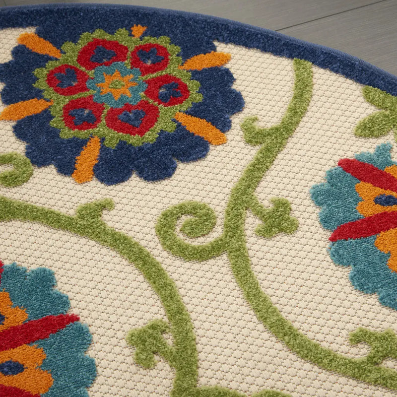 5' Ivory And Blue Round Indoor Outdoor Area Rug - GreatEagleInc