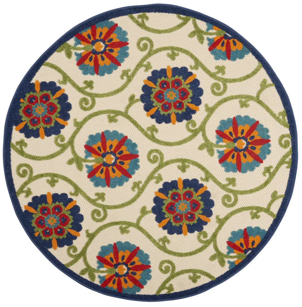 5' Ivory And Blue Round Indoor Outdoor Area Rug - GreatEagleInc