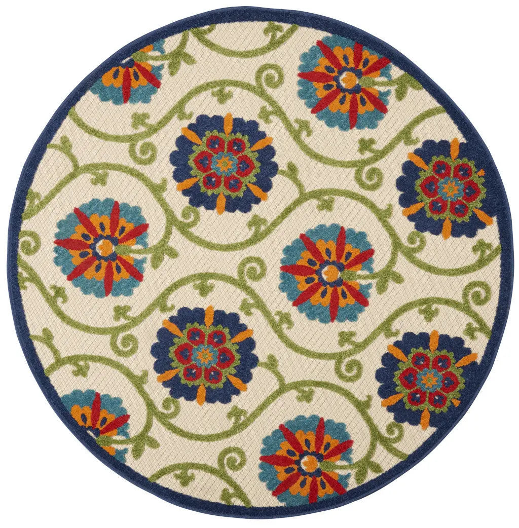 5' Ivory And Blue Round Indoor Outdoor Area Rug - GreatEagleInc