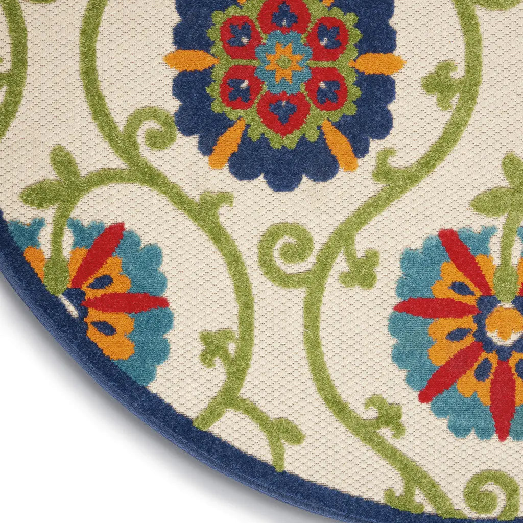 5' Ivory And Blue Round Indoor Outdoor Area Rug - GreatEagleInc