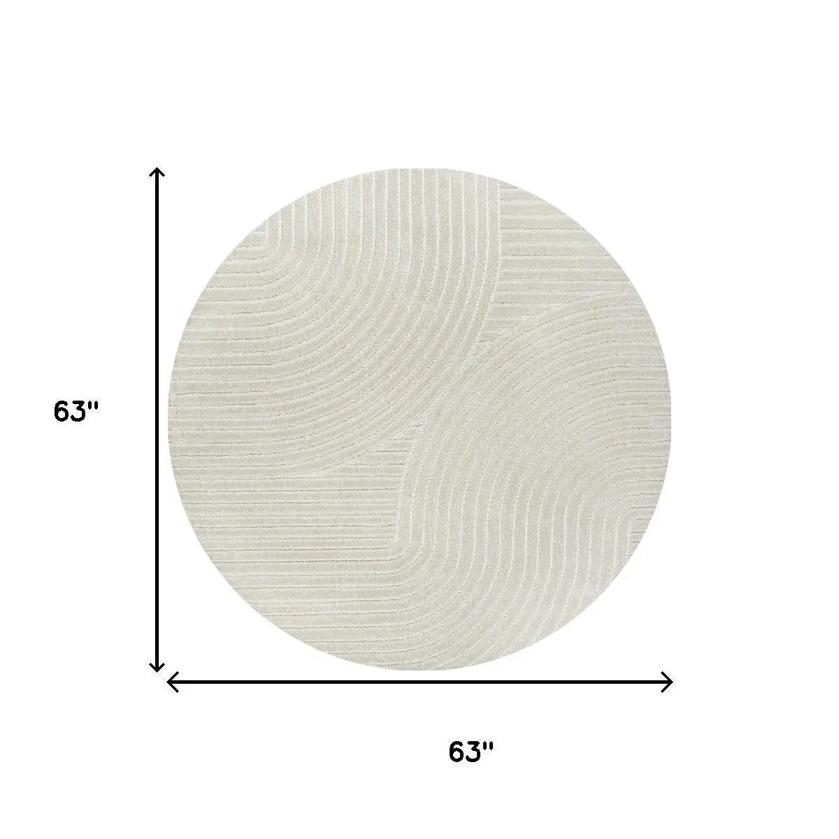 Round 63" beige area rug with textured wave pattern, perfect for modern home decor.