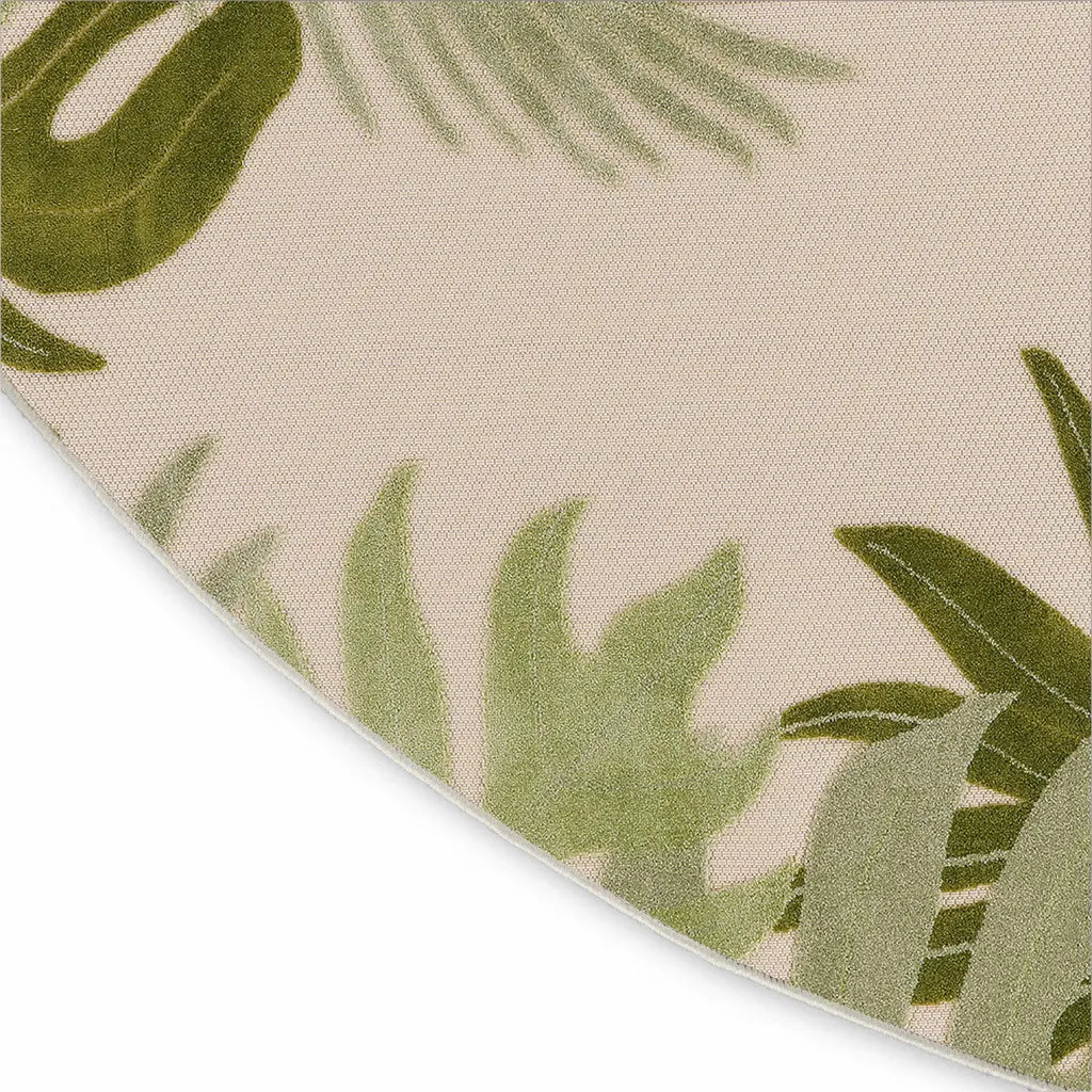 5' Ivory And Green Round Palm Leaf Indoor Outdoor Area Rug Homeroots Outdoor