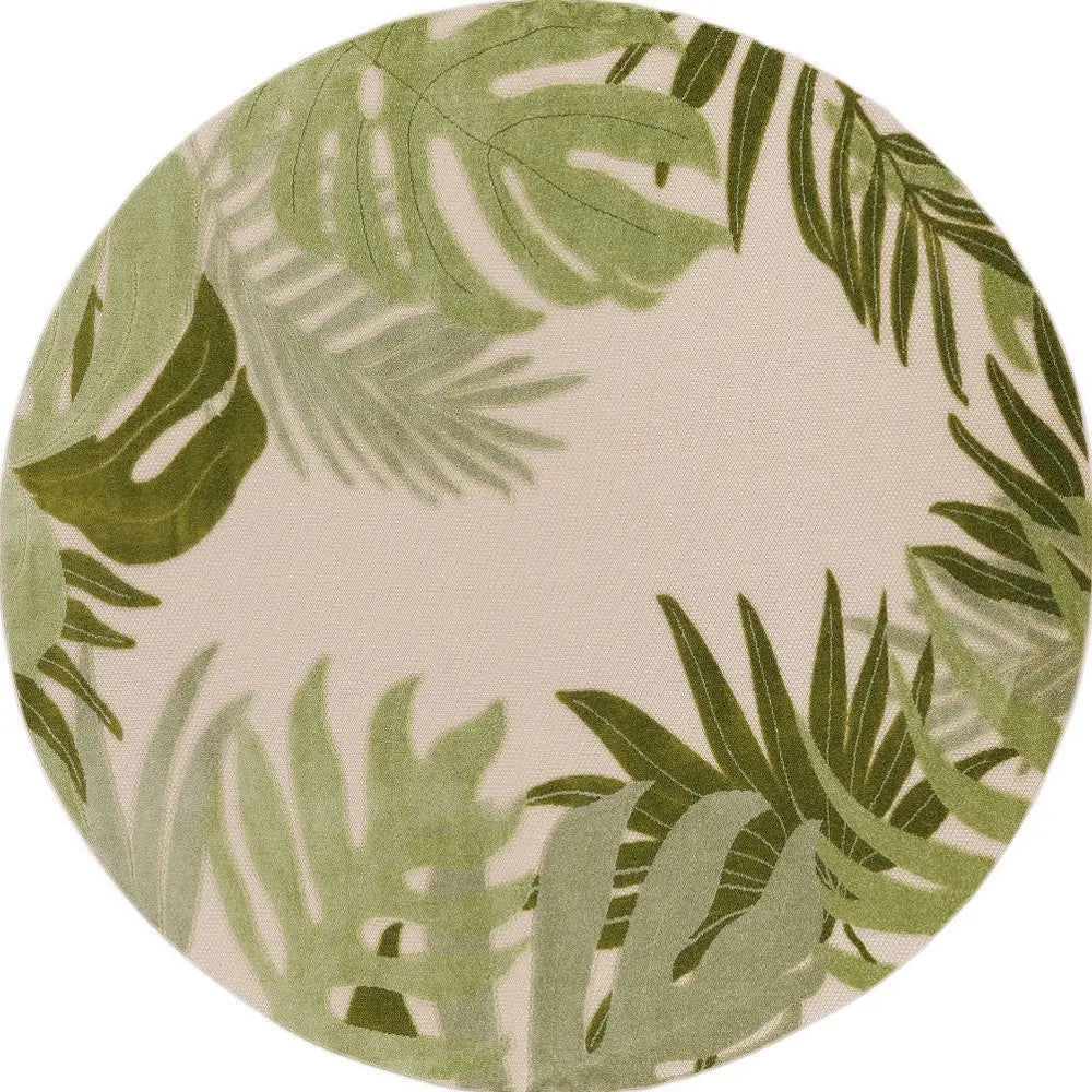 5' Ivory And Green Round Palm Leaf Indoor Outdoor Area Rug Homeroots Outdoor