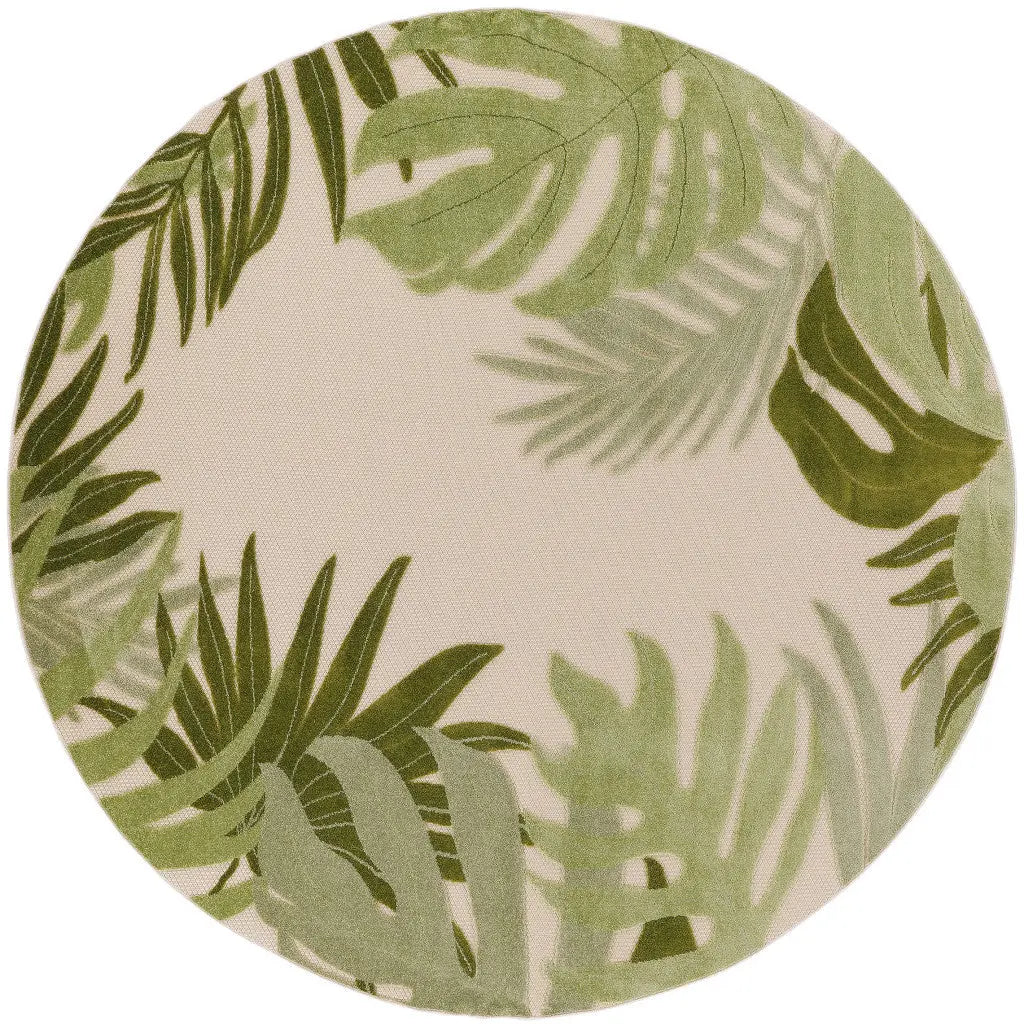 5' Ivory And Green Round Palm Leaf Indoor Outdoor Area Rug Homeroots Outdoor