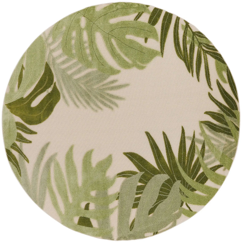 5' Ivory And Green Round Palm Leaf Indoor Outdoor Area Rug Homeroots Outdoor