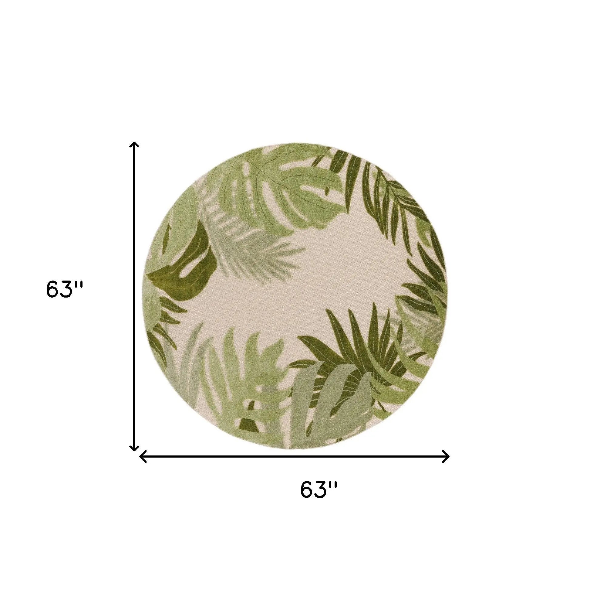 5' Ivory And Green Round Palm Leaf Indoor Outdoor Area Rug Homeroots Outdoor