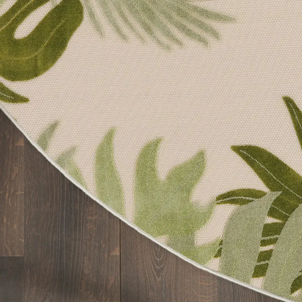5' Ivory And Green Round Palm Leaf Indoor Outdoor Area Rug Homeroots Outdoor