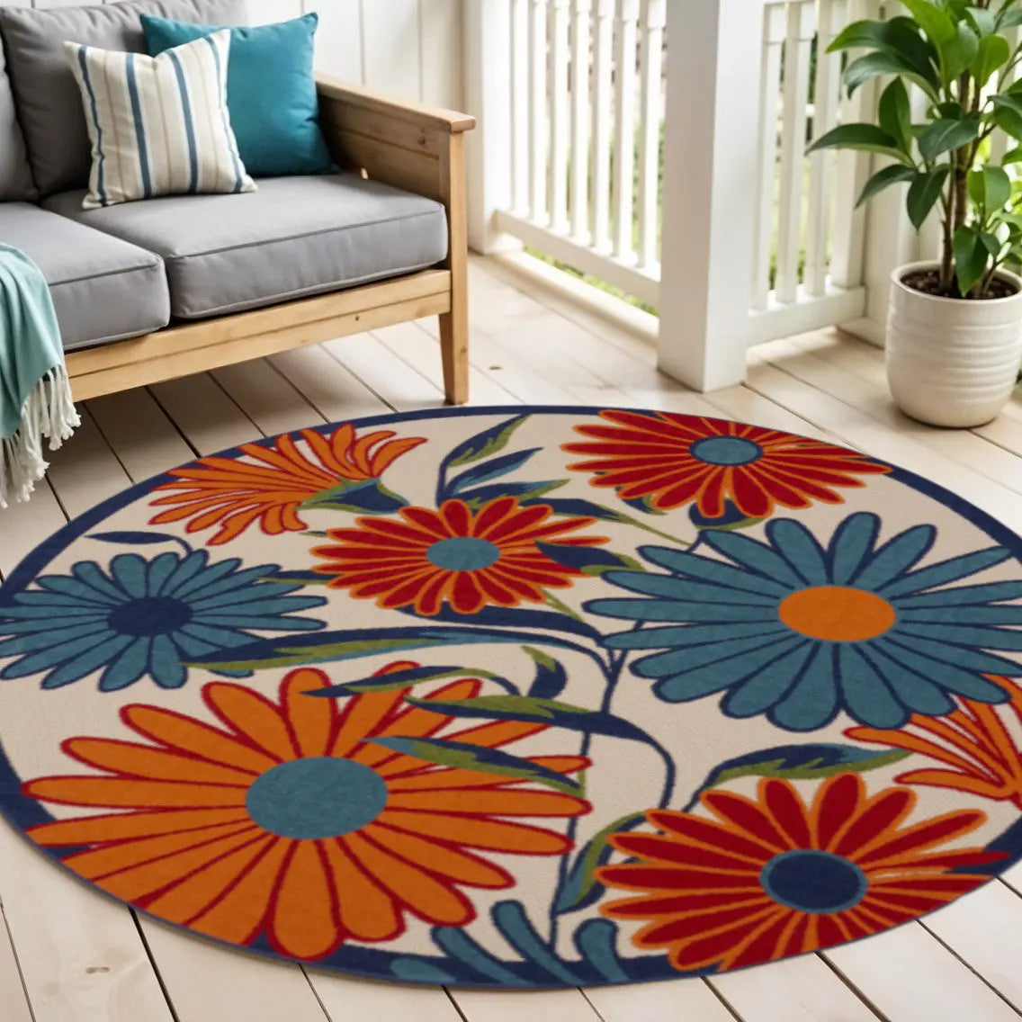 5' Ivory Blue And Orange Round Floral Indoor Outdoor Area Rug Homeroots Outdoor