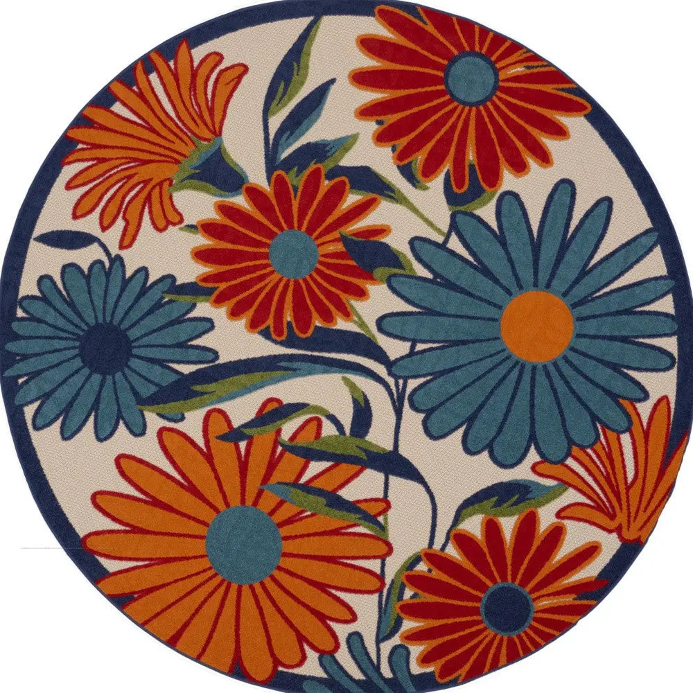 5' Ivory Blue And Orange Round Floral Indoor Outdoor Area Rug Homeroots Outdoor