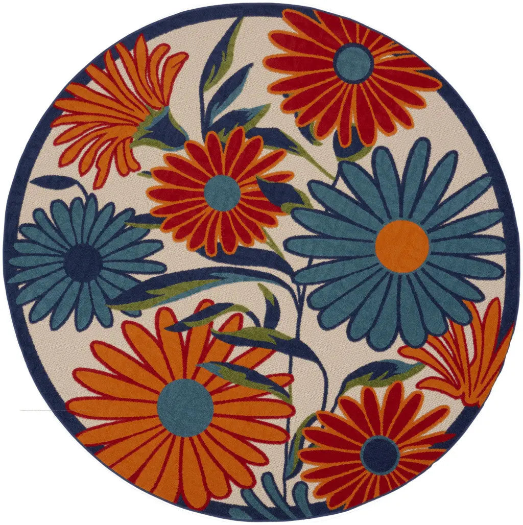 5' Ivory Blue And Orange Round Floral Indoor Outdoor Area Rug Homeroots Outdoor