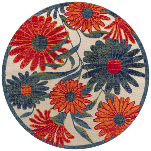 5' Ivory Blue And Orange Round Floral Indoor Outdoor Area Rug Homeroots Outdoor