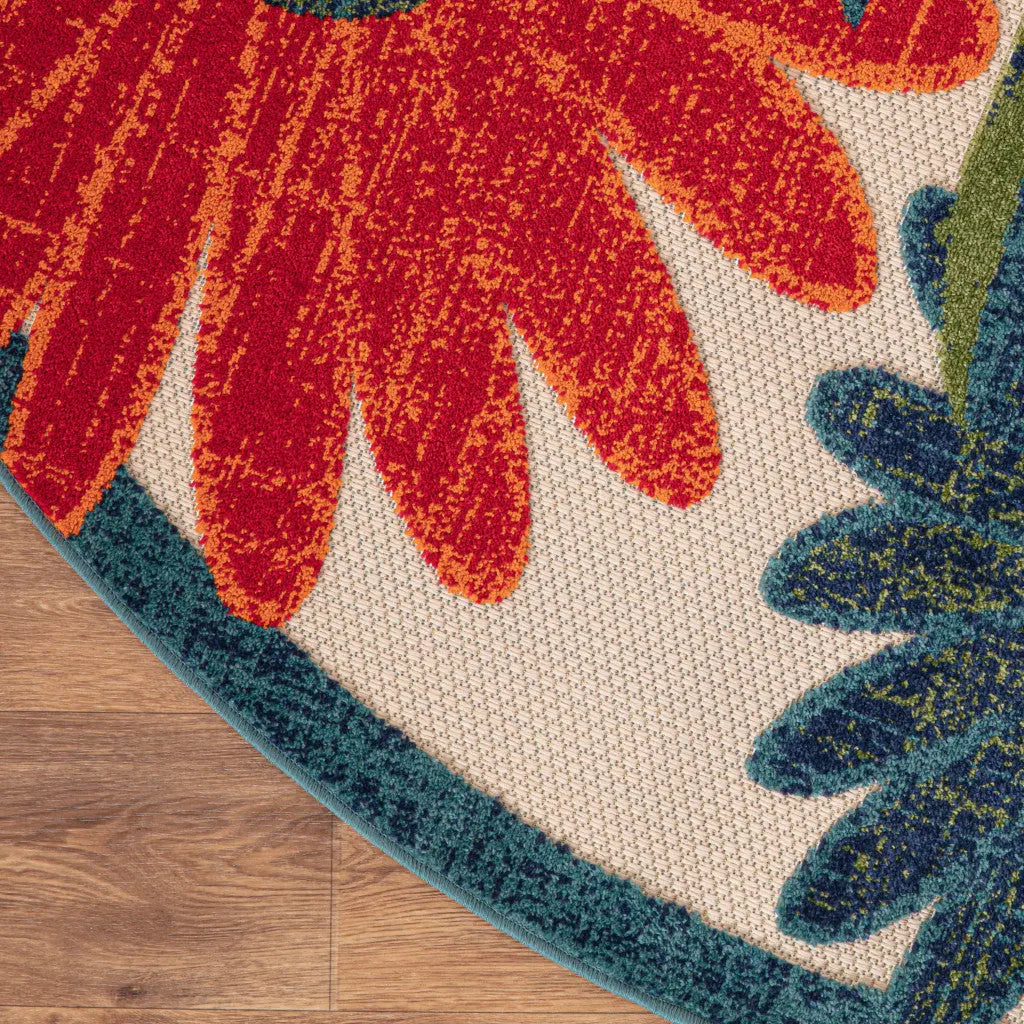 5' Ivory Blue And Orange Round Floral Indoor Outdoor Area Rug Homeroots Outdoor
