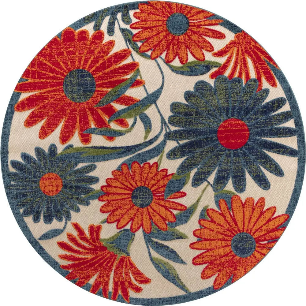 5' Ivory Blue And Orange Round Floral Indoor Outdoor Area Rug Homeroots Outdoor