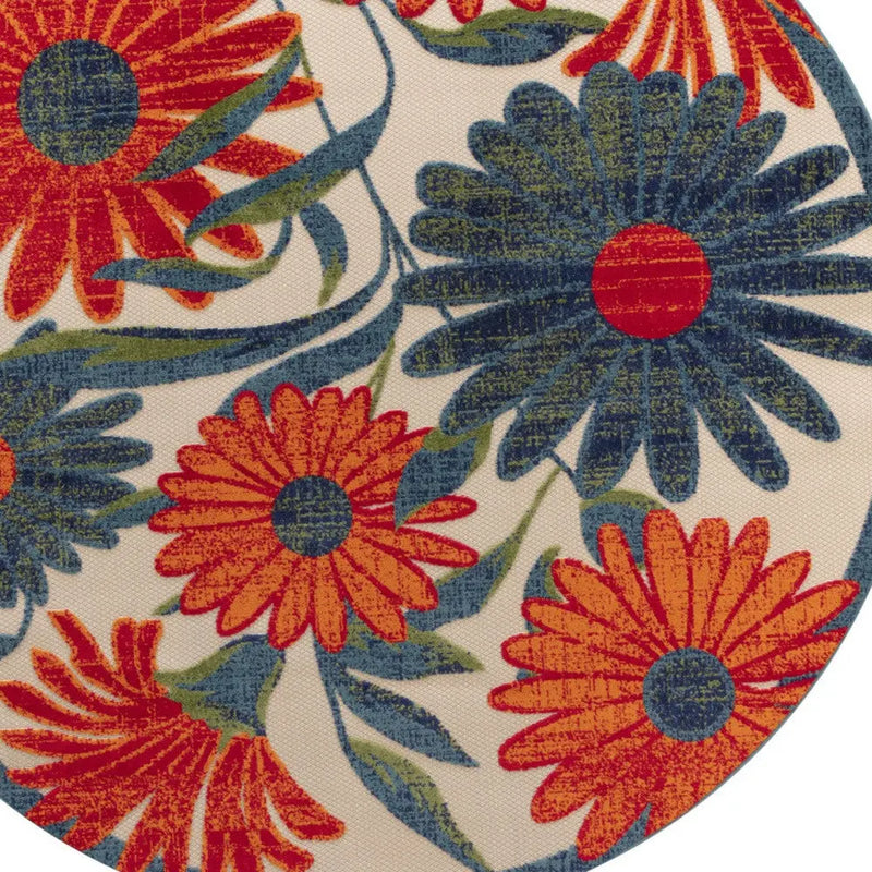 5' Ivory Blue And Orange Round Floral Indoor Outdoor Area Rug Homeroots Outdoor