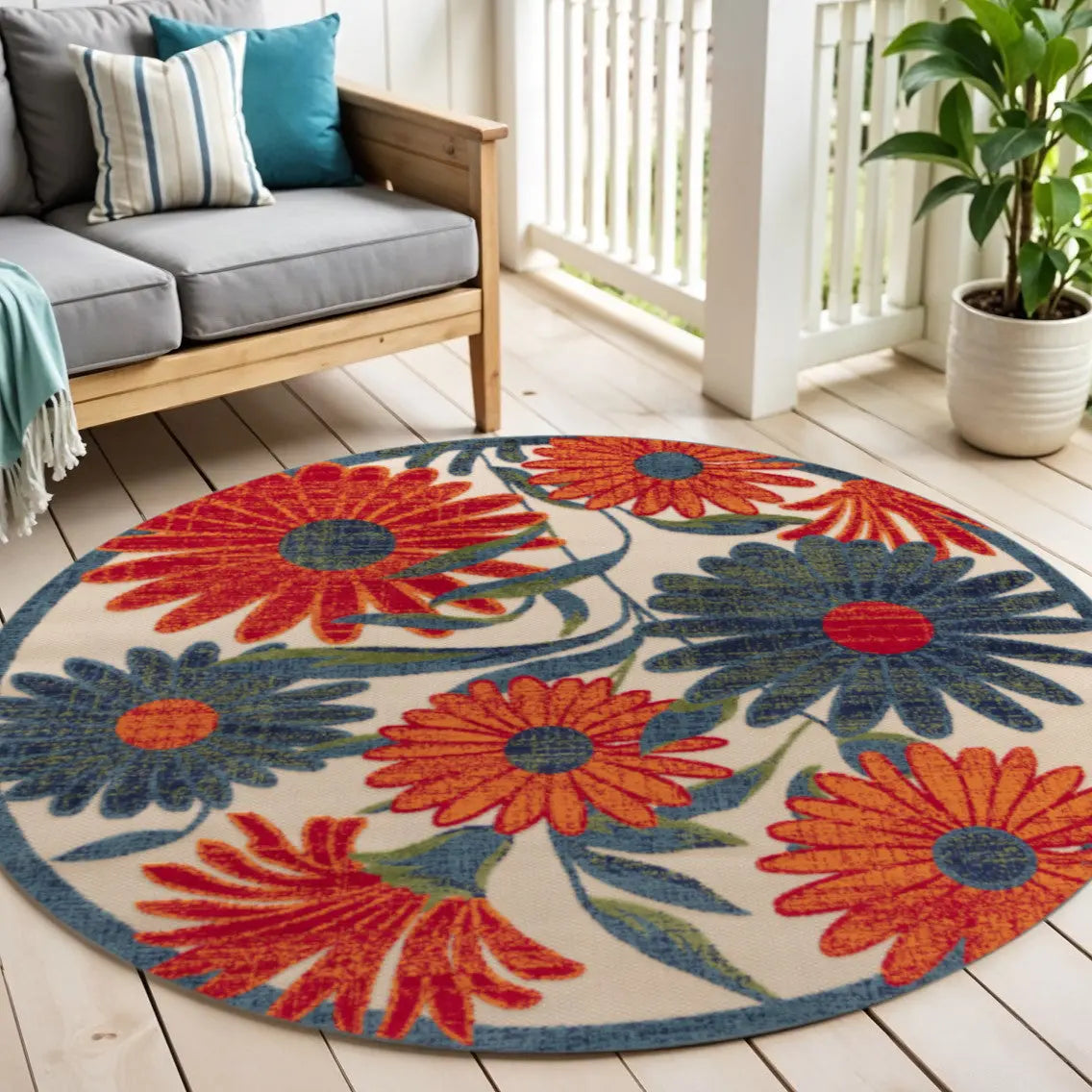 5' Ivory Blue And Orange Round Floral Indoor Outdoor Area Rug Homeroots Outdoor