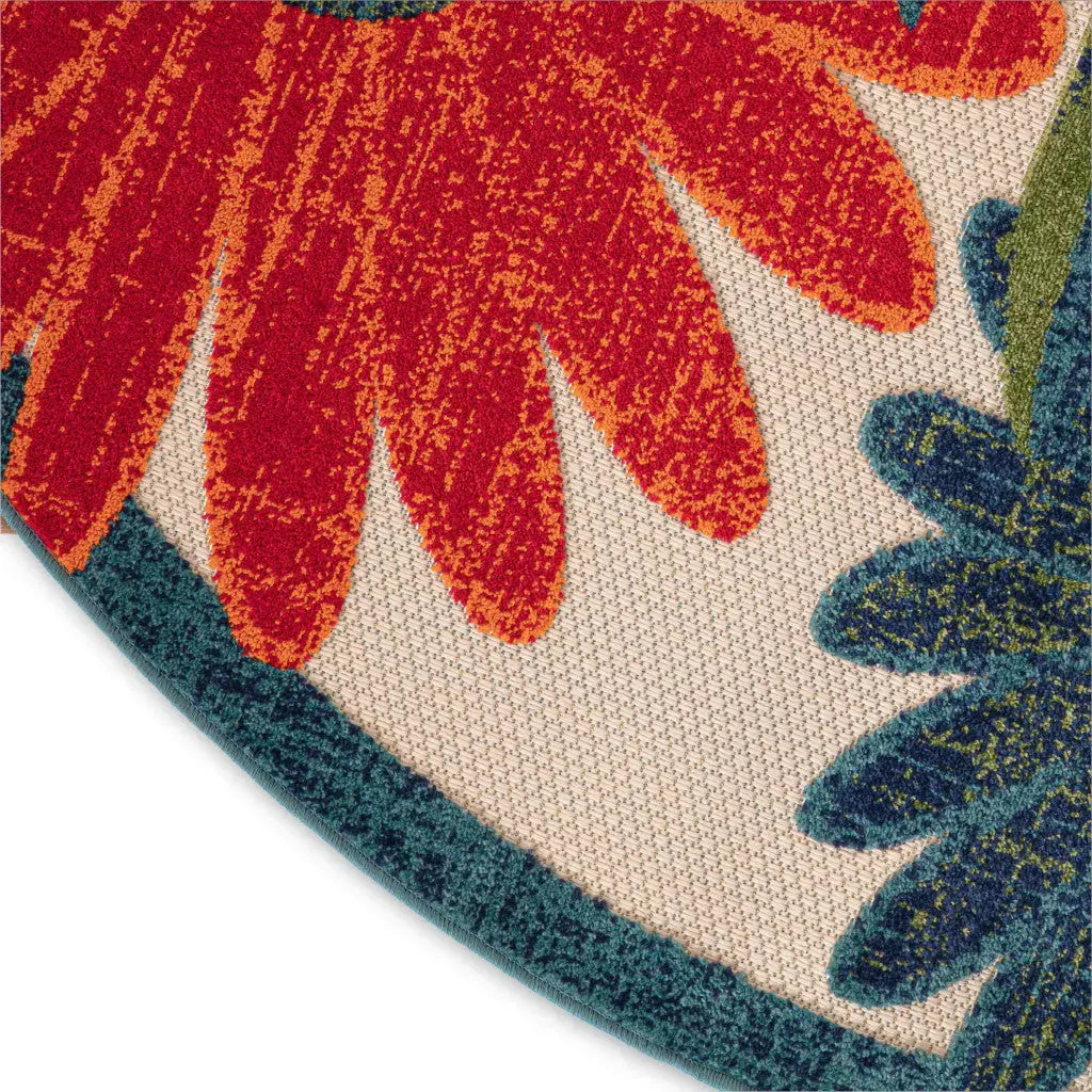 5' Ivory Blue And Orange Round Floral Indoor Outdoor Area Rug Homeroots Outdoor