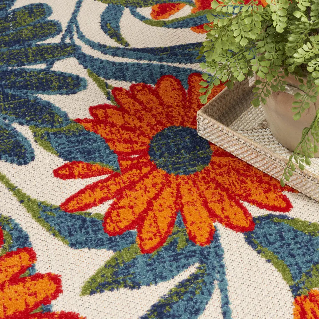 5' Ivory Blue And Orange Round Floral Indoor Outdoor Area Rug Homeroots Outdoor