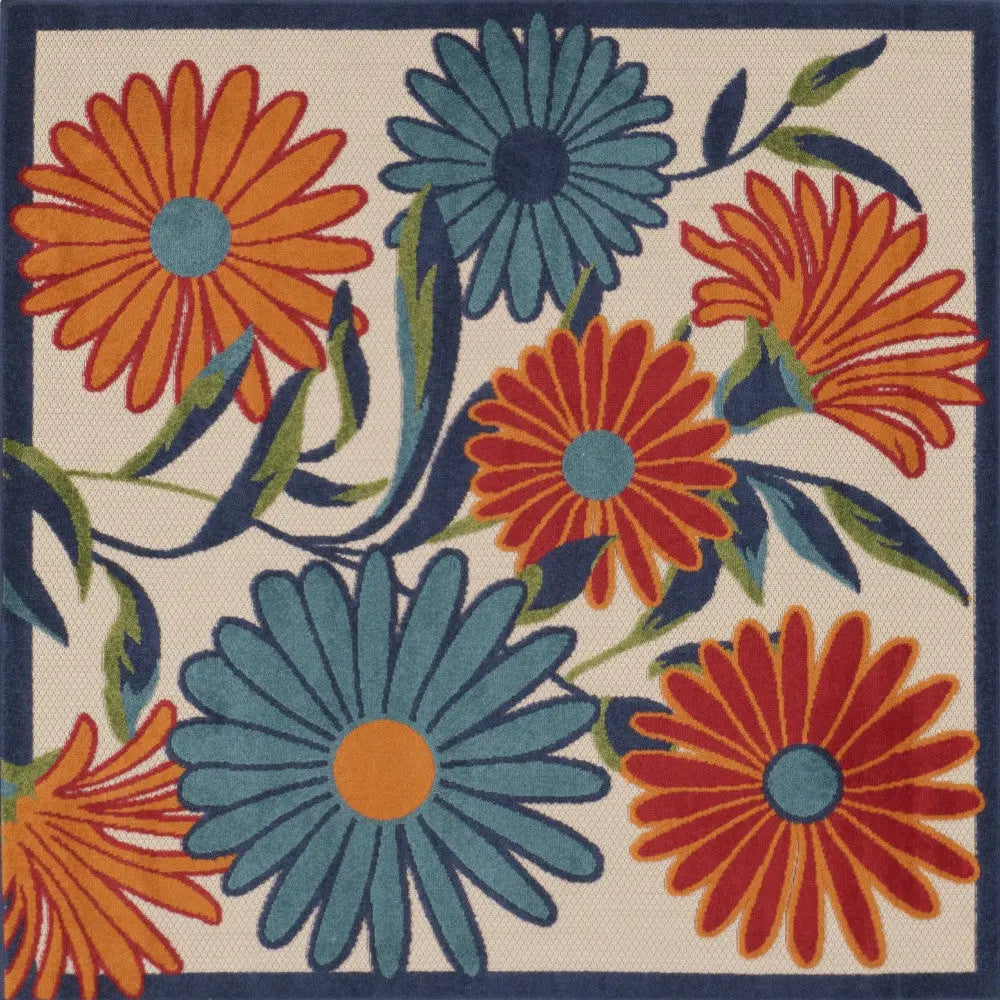 5' Ivory Blue And Orange Square Floral Indoor Outdoor Area Rug Homeroots Outdoor
