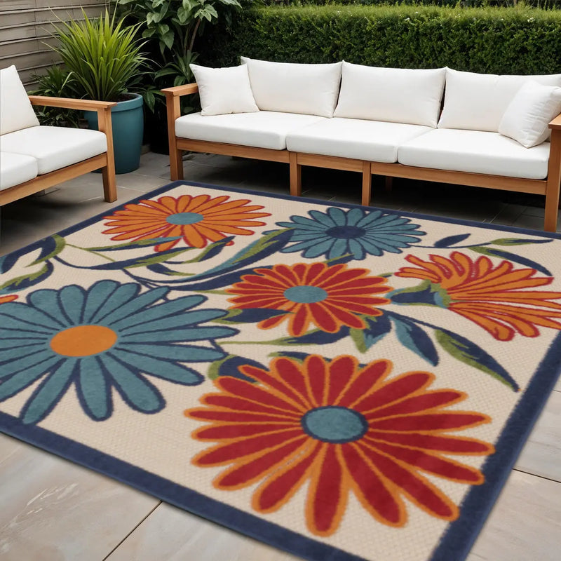 5' Ivory Blue And Orange Square Floral Indoor Outdoor Area Rug Homeroots Outdoor