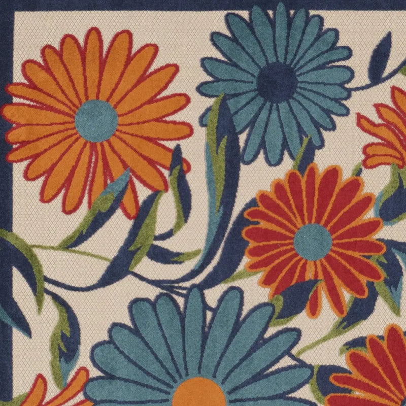 5' Ivory Blue And Orange Square Floral Indoor Outdoor Area Rug Homeroots Outdoor