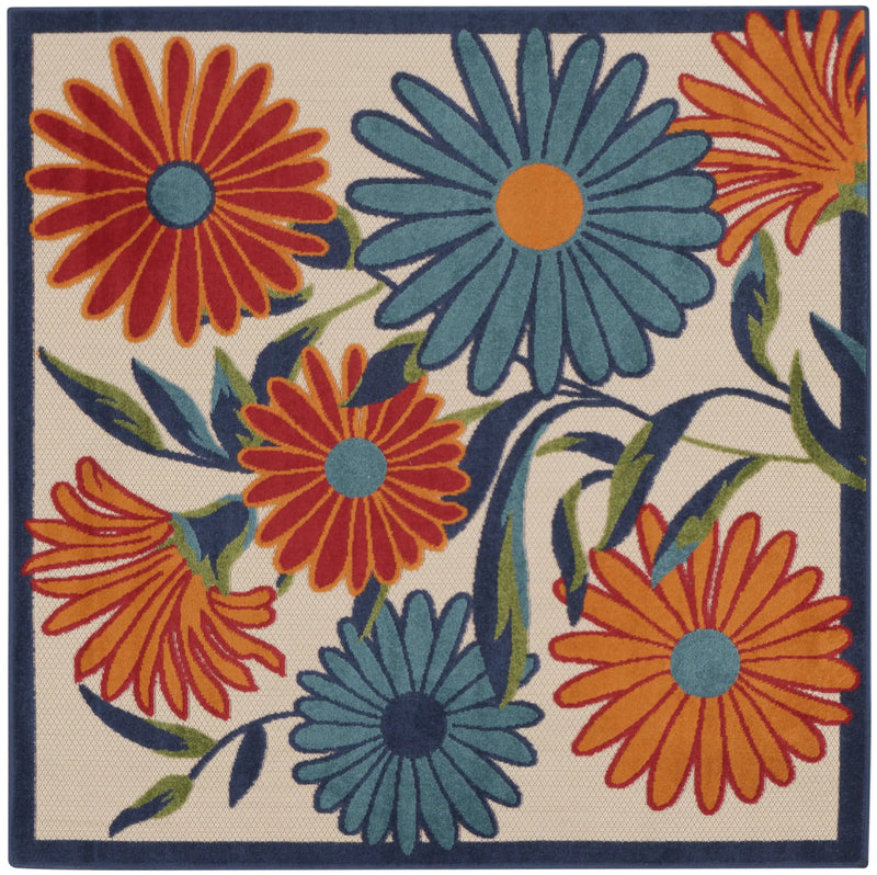 5' Ivory Blue And Orange Square Floral Indoor Outdoor Area Rug Homeroots Outdoor