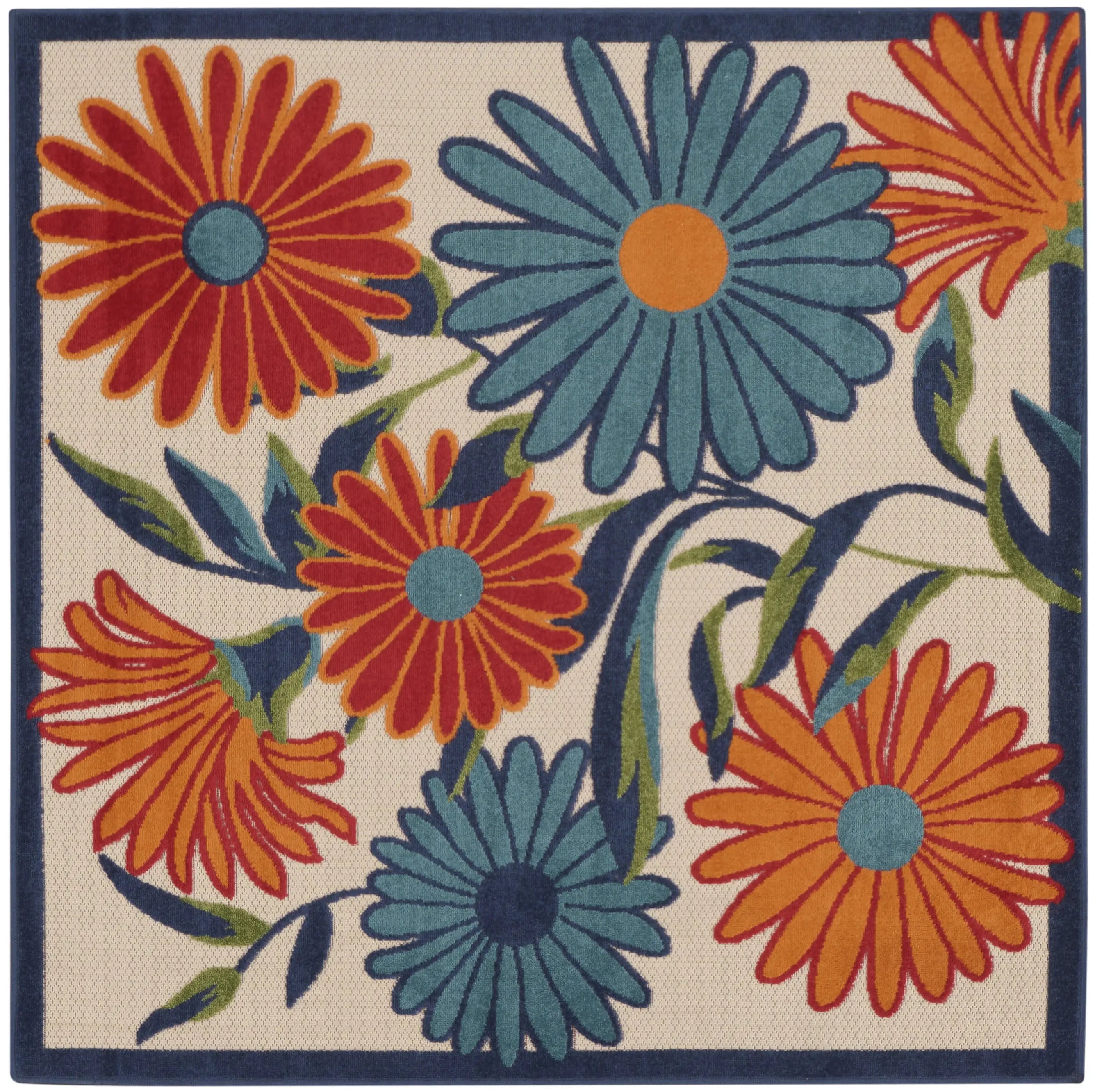 5' Ivory Blue And Orange Square Floral Indoor Outdoor Area Rug Homeroots Outdoor