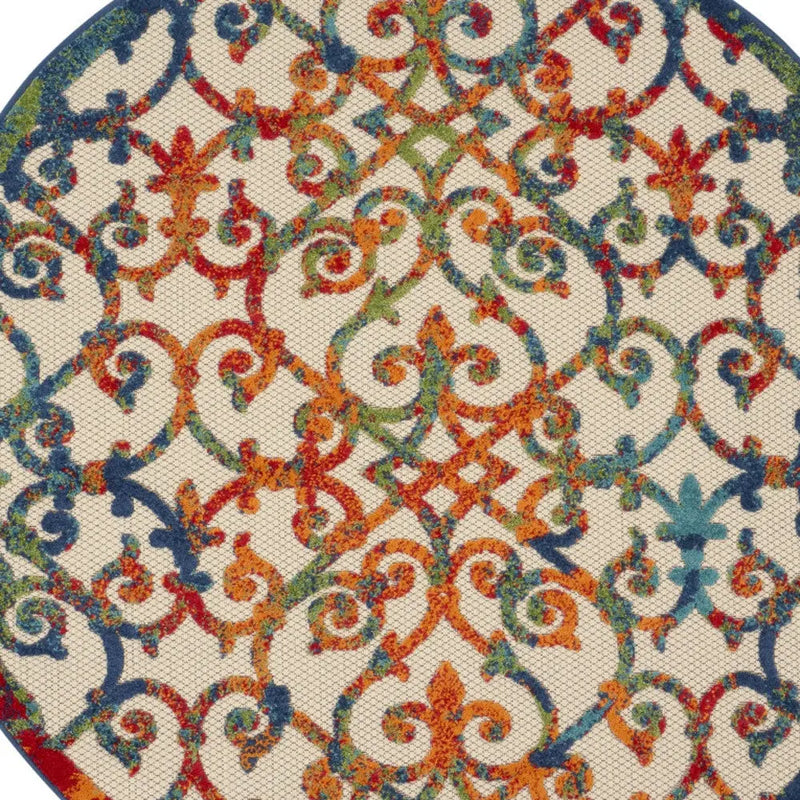 5' Ivory Blue Orange And Green Round Trellis Indoor Outdoor Area Rug Homeroots Outdoor