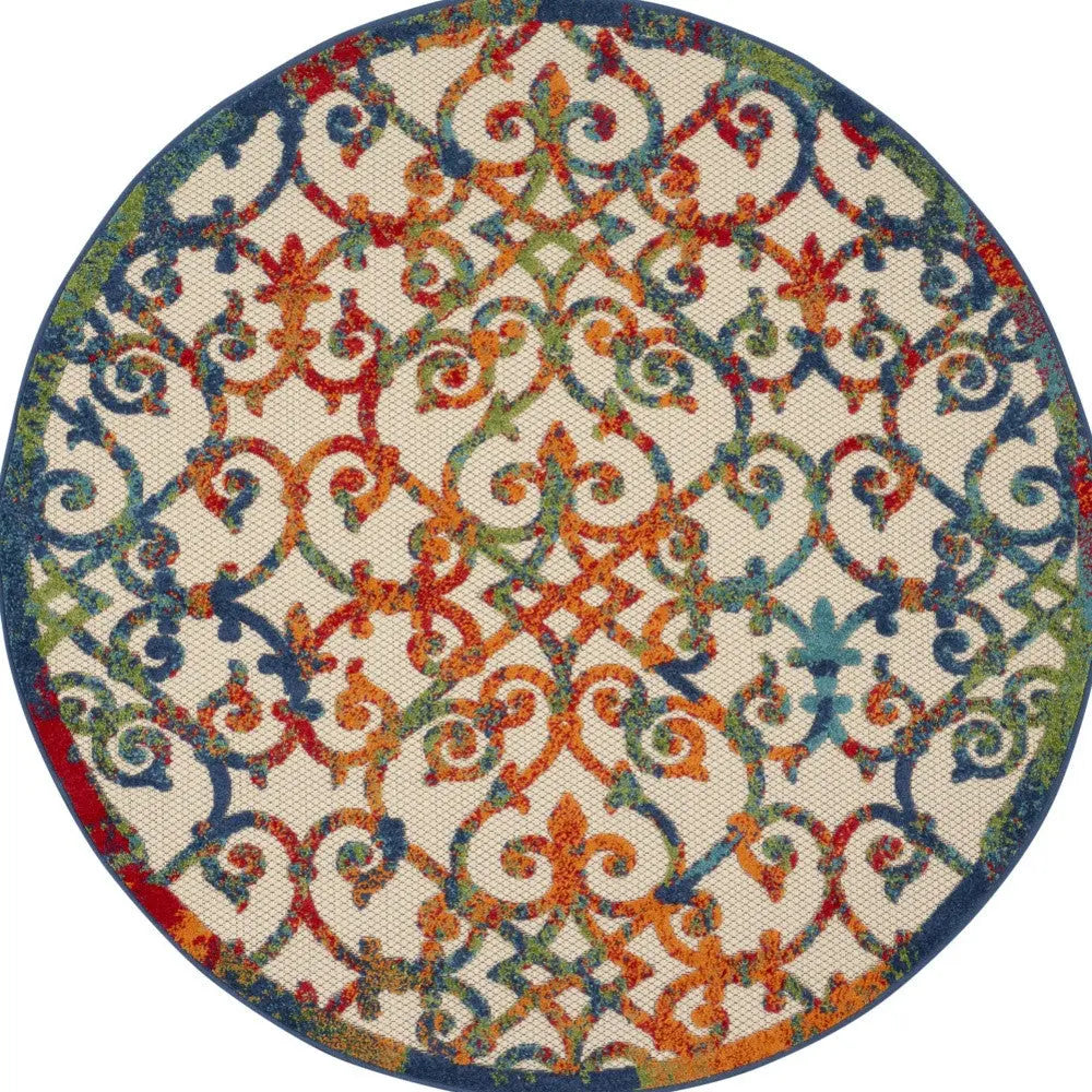 5' Ivory Blue Orange And Green Round Trellis Indoor Outdoor Area Rug Homeroots Outdoor