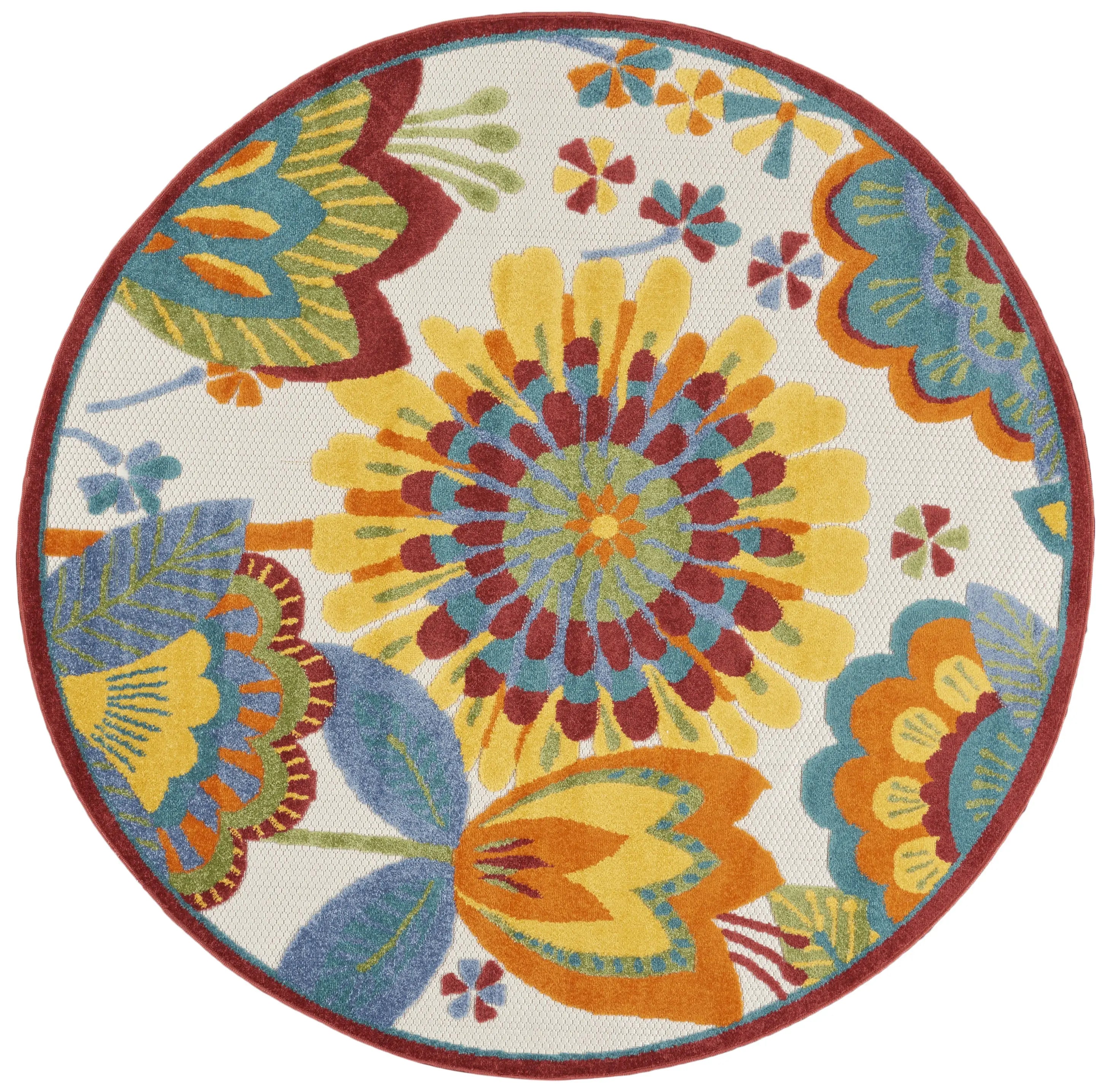 5' Ivory Blue Orange Red And Yellow Round Floral Indoor Outdoor Area Rug Homeroots Outdoor