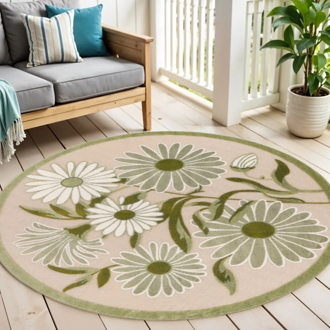 5' Ivory Green And Dark Green Round Floral Indoor Outdoor Area Rug Homeroots Outdoor