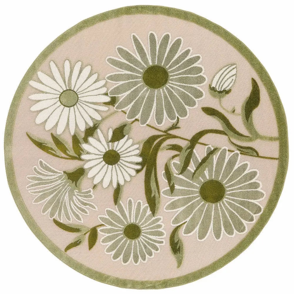 5' Ivory Green And Dark Green Round Floral Indoor Outdoor Area Rug Homeroots Outdoor