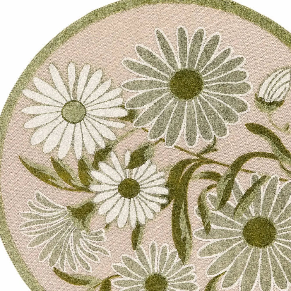 5' Ivory Green And Dark Green Round Floral Indoor Outdoor Area Rug Homeroots Outdoor