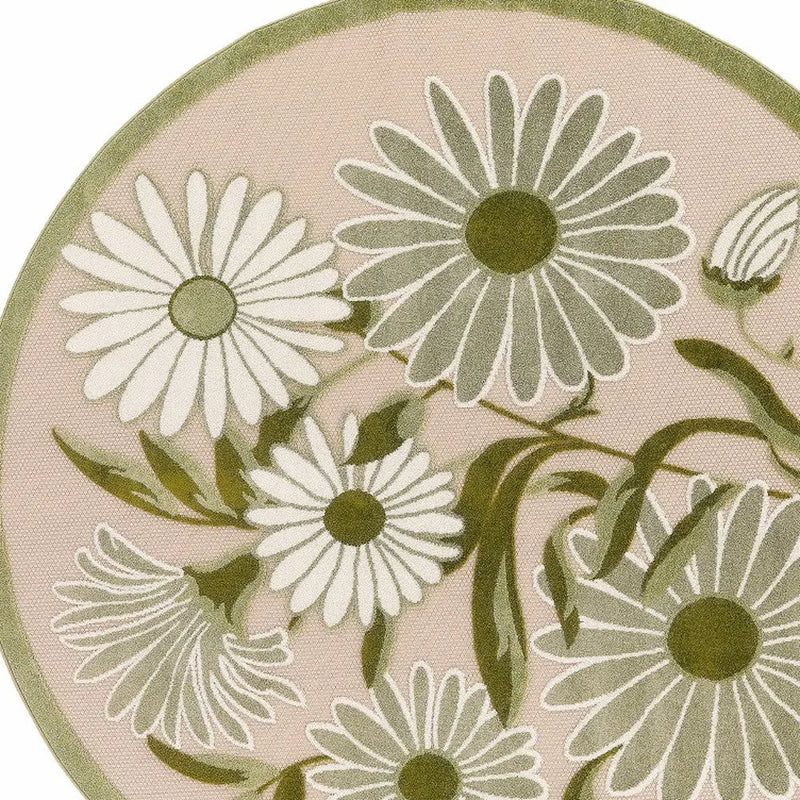 5' Ivory Green And Dark Green Round Floral Indoor Outdoor Area Rug Homeroots Outdoor