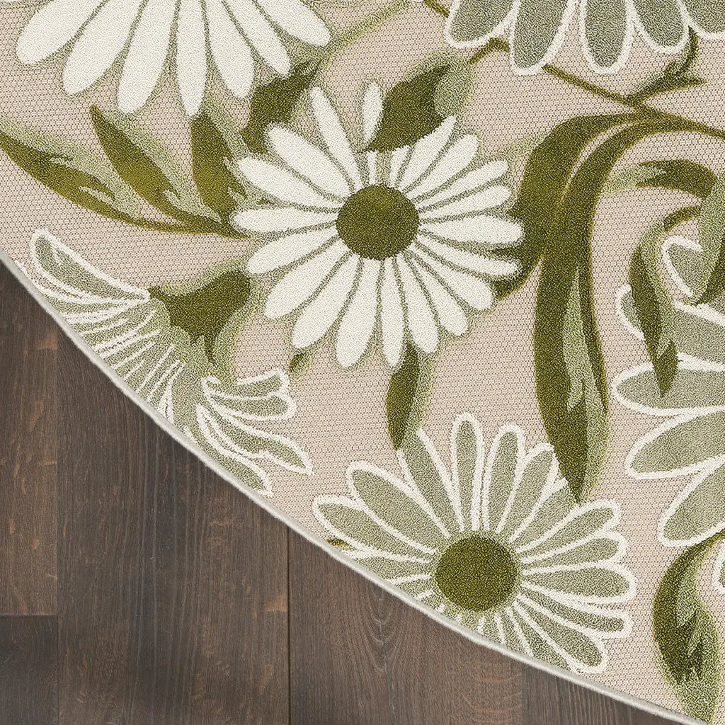 5' Ivory Green And Dark Green Round Floral Indoor Outdoor Area Rug Homeroots Outdoor