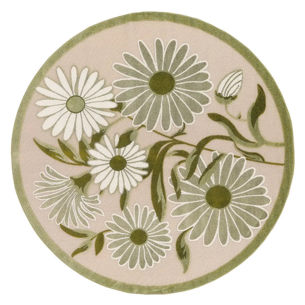 5' Ivory Green And Dark Green Round Floral Indoor Outdoor Area Rug Homeroots Outdoor