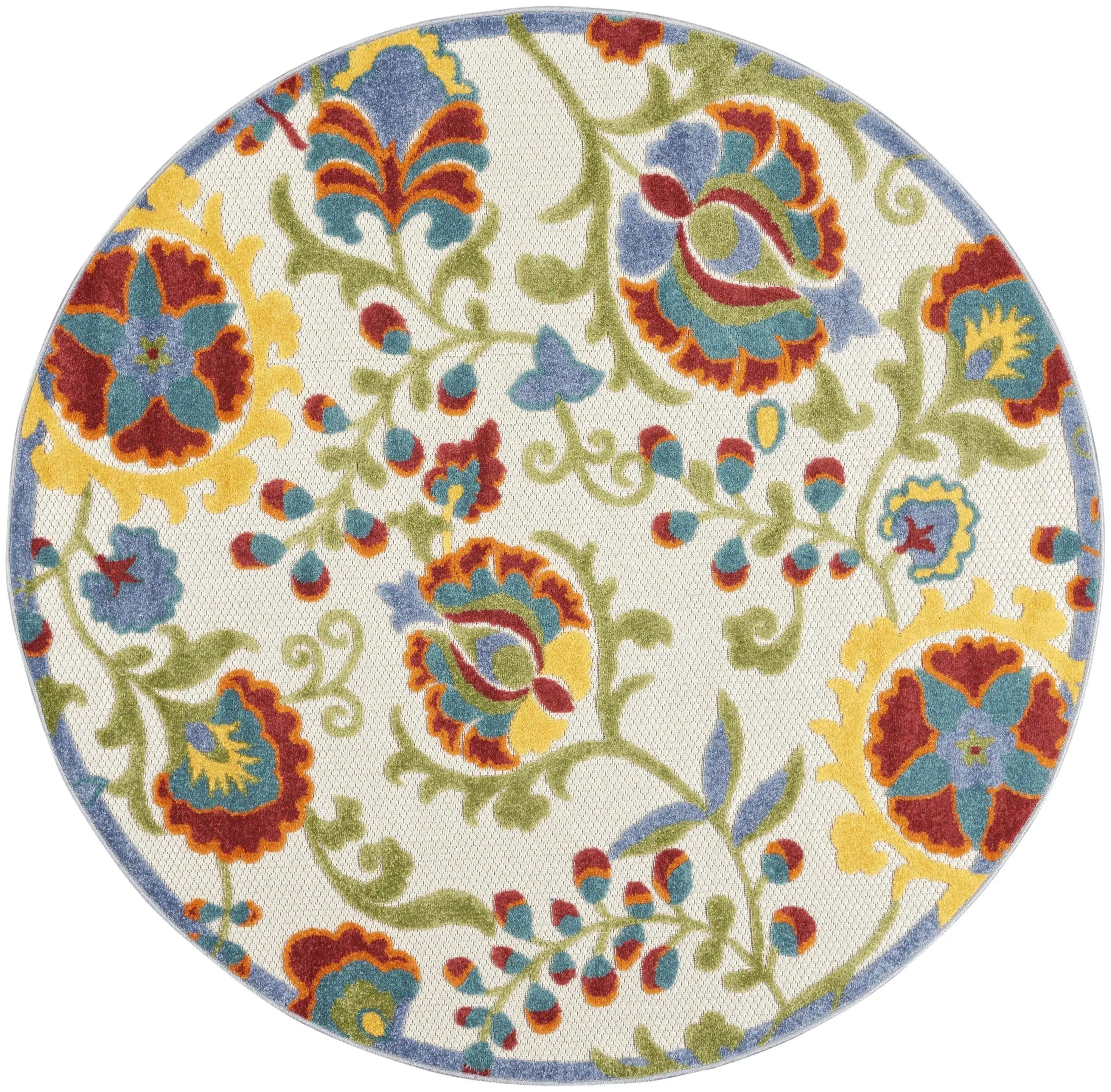 5' Ivory Red Green Blue And Yellow Round Floral Indoor Outdoor Area Rug Homeroots Outdoor