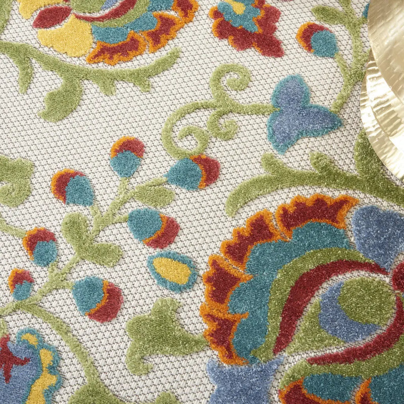 5' Ivory Red Green Blue And Yellow Round Floral Indoor Outdoor Area Rug Homeroots Outdoor