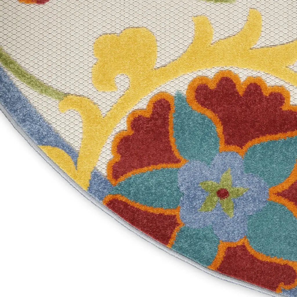 5' Ivory Red Green Blue And Yellow Round Floral Indoor Outdoor Area Rug Homeroots Outdoor