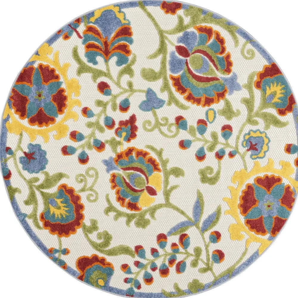 5' Ivory Red Green Blue And Yellow Round Floral Indoor Outdoor Area Rug Homeroots Outdoor
